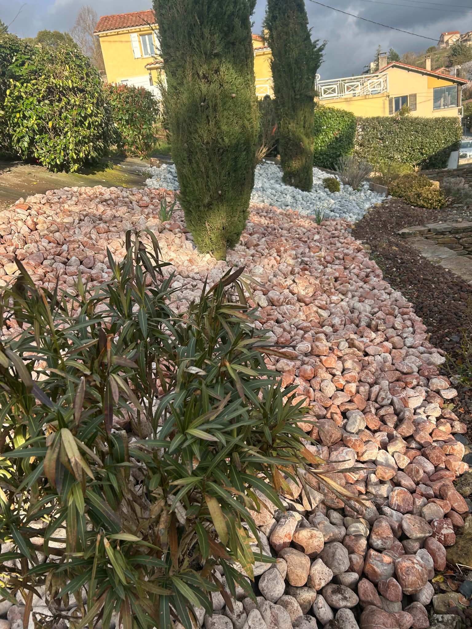 Massif en graviers roses et cyprès